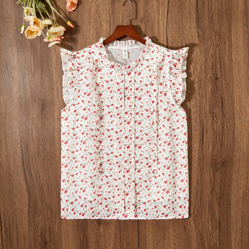 Sleeveless Ruffled Floral Women's Loose Sweet Chiffon Printed Top