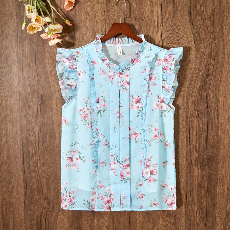 Sleeveless Ruffled Floral Women's Loose Sweet Chiffon Printed Top