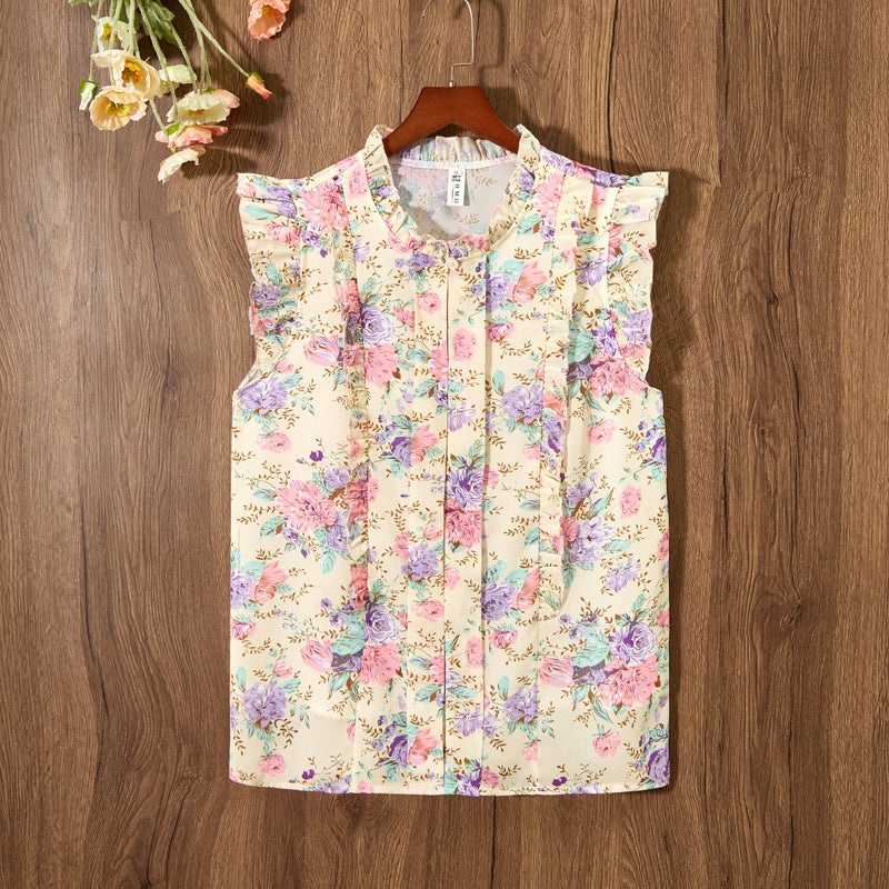 Sleeveless Ruffled Floral Women's Loose Sweet Chiffon Printed Top