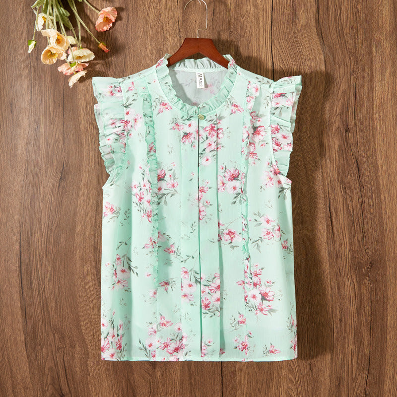 Sleeveless Ruffled Floral Women's Loose Sweet Chiffon Printed Top