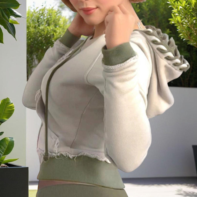 Women's Color-Blocked Zipper Long Sleeve Frayed Design & Pocket Drawstring Hooded Cropped Jacket Spring&Fashion Casual