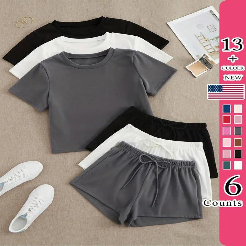Casual Versatile Solid Color Short Sleeve Round Neck Shorts Casual Suit