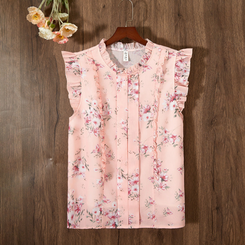Sleeveless Ruffled Floral Women's Loose Sweet Chiffon Printed Top