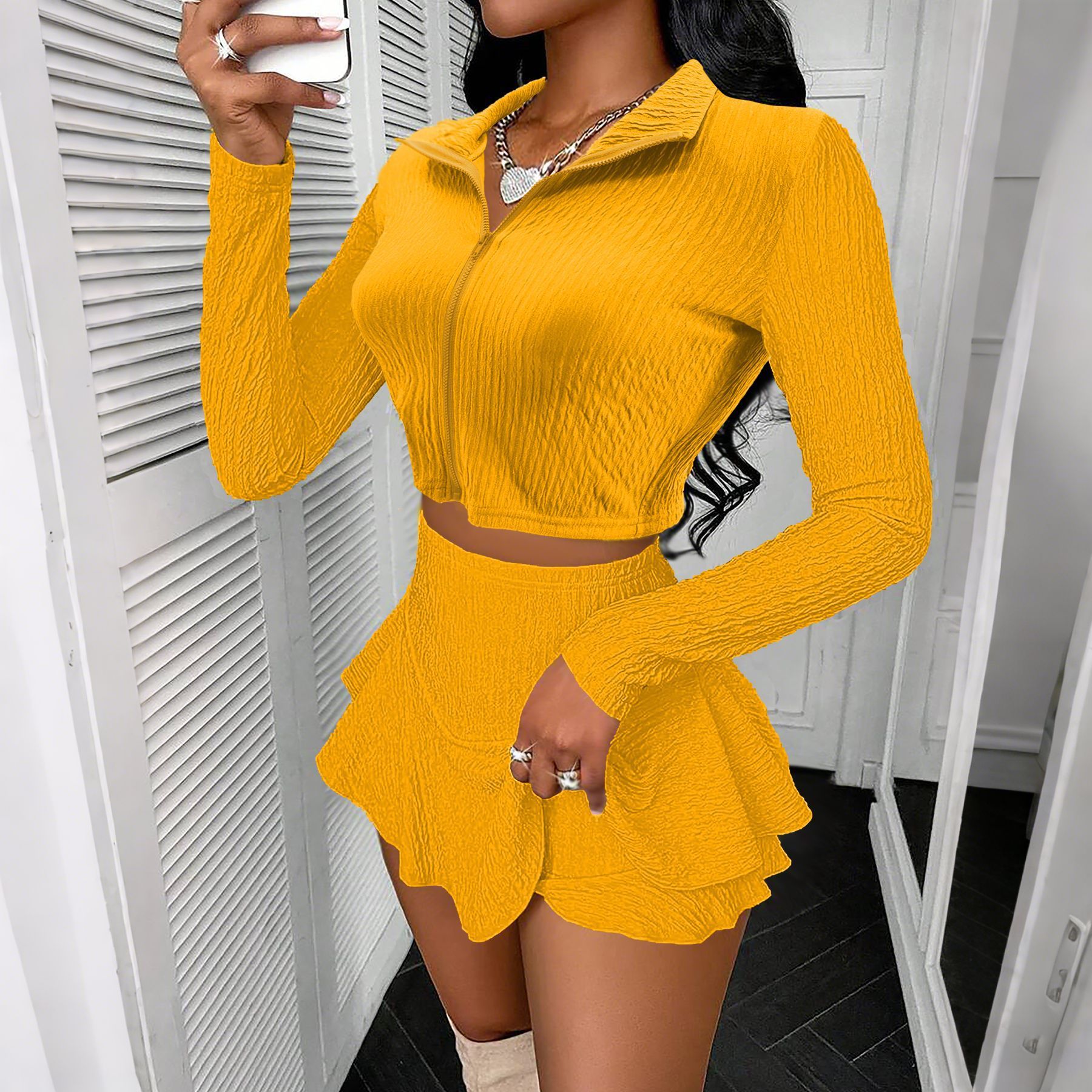 Zipper Short Top Ruffled Pantskirt Skirt Suit