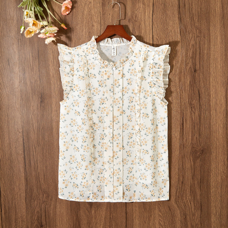 Sleeveless Ruffled Floral Women's Loose Sweet Chiffon Printed Top