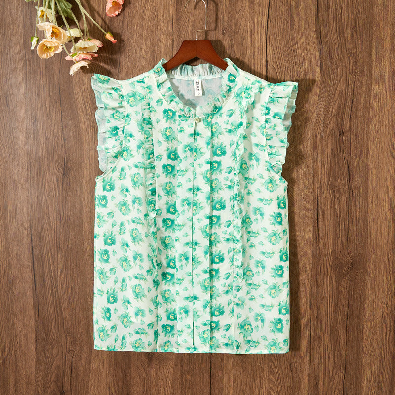 Sleeveless Ruffled Floral Women's Loose Sweet Chiffon Printed Top