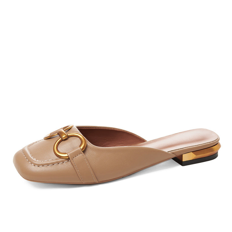 Summer Wear Fashionable Square Toe Korean Style Elegant Flat Heel Ins Slip-on Slippers