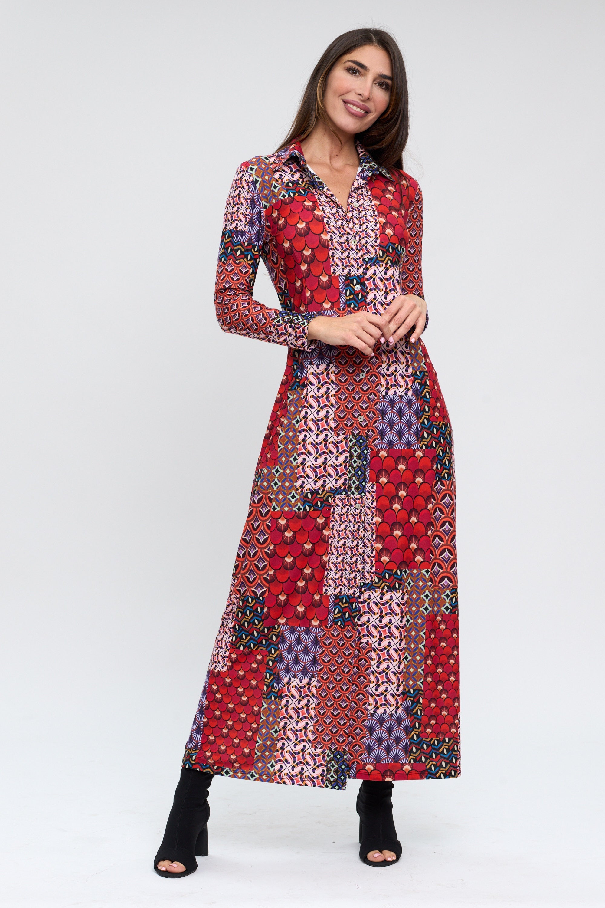 Vestido camisero estampado patchwork rojo-1