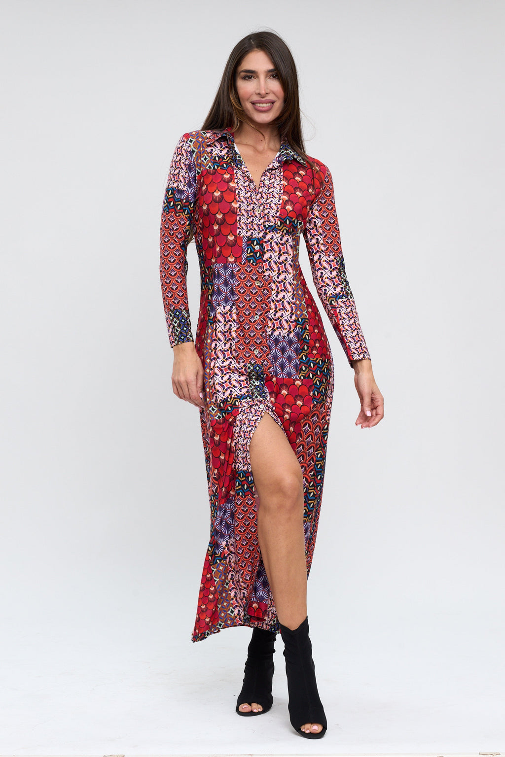 Vestido camisero estampado patchwork rojo-2