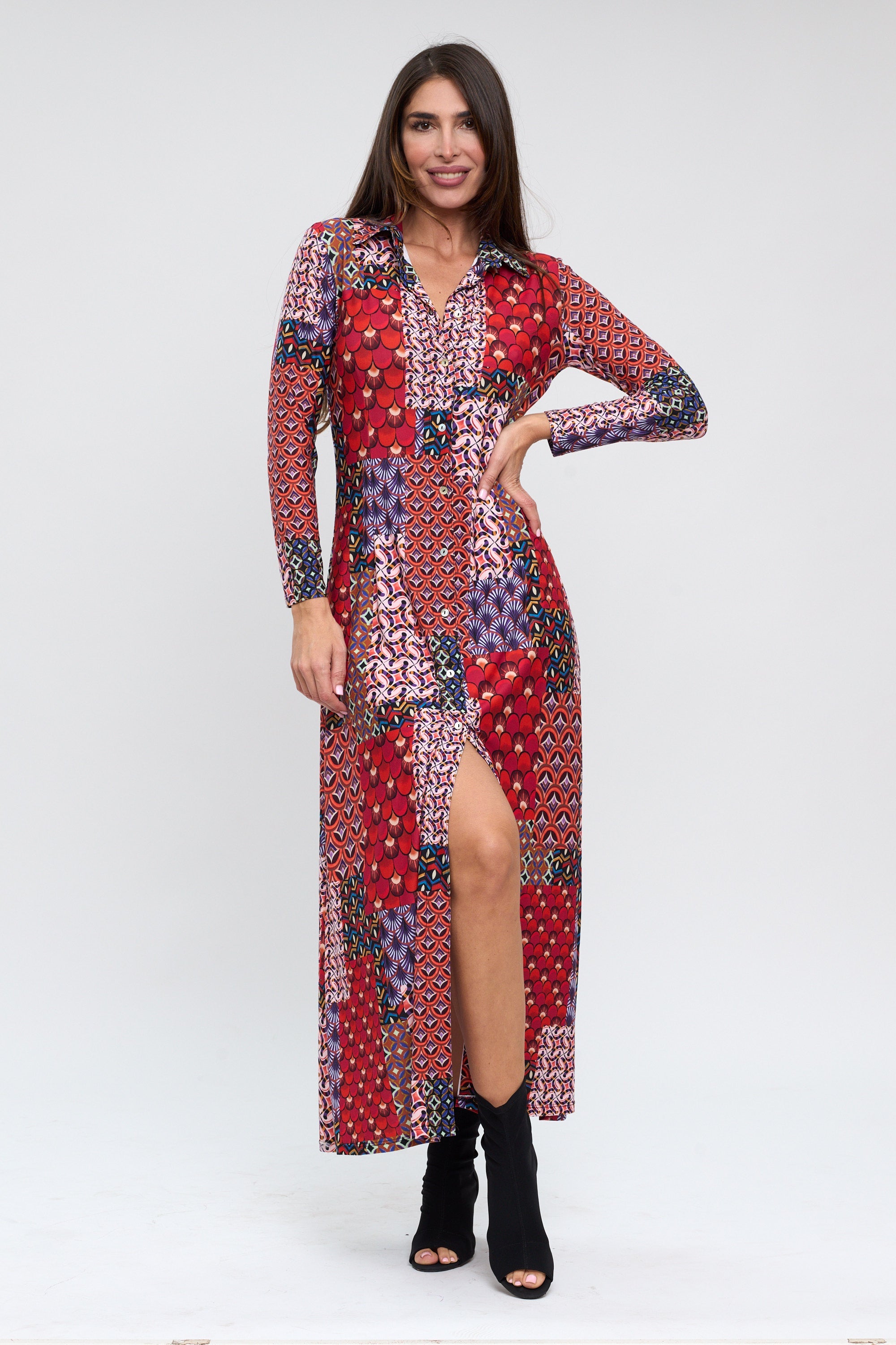 Vestido camisero estampado patchwork rojo-3