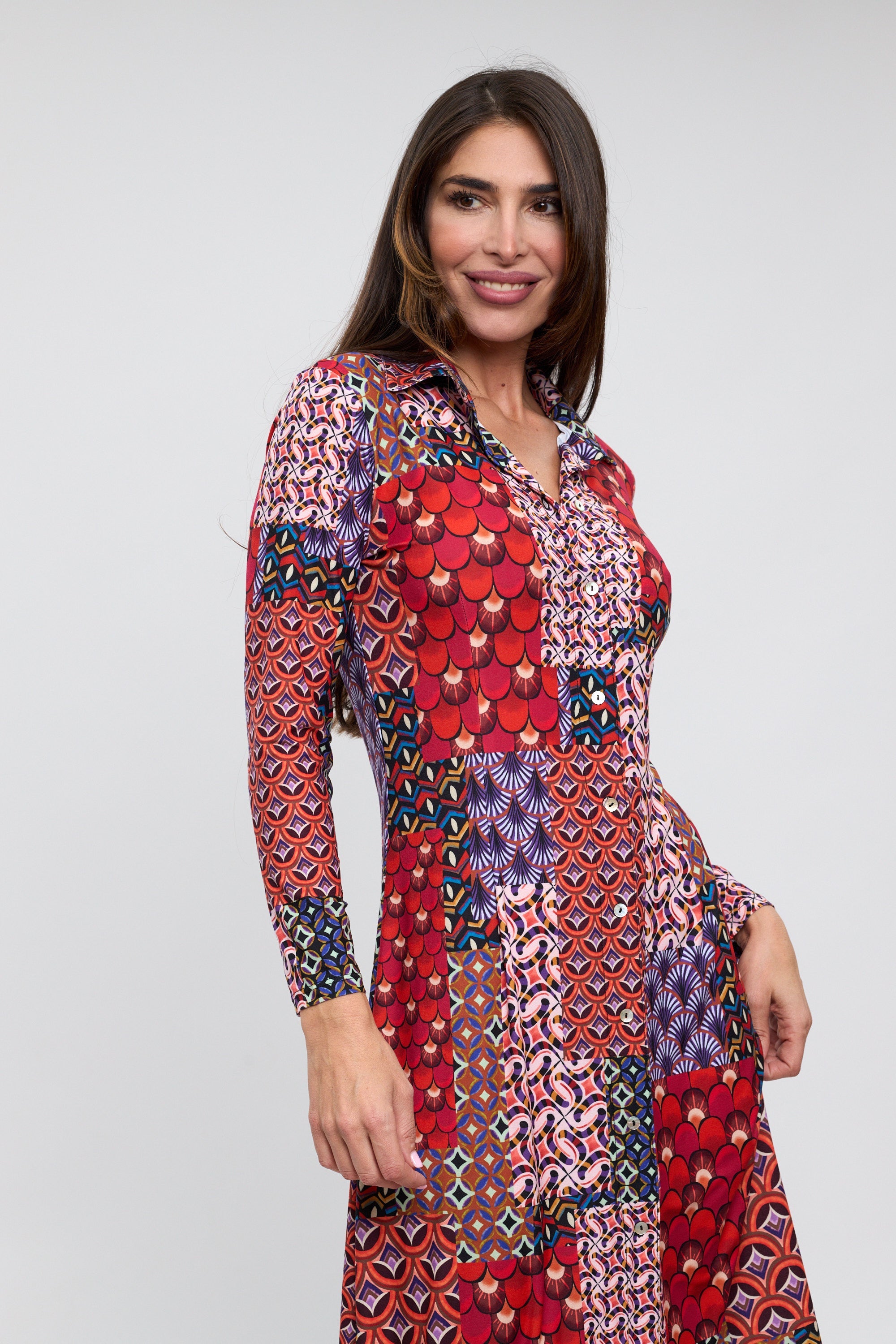 Vestido camisero estampado patchwork rojo-0