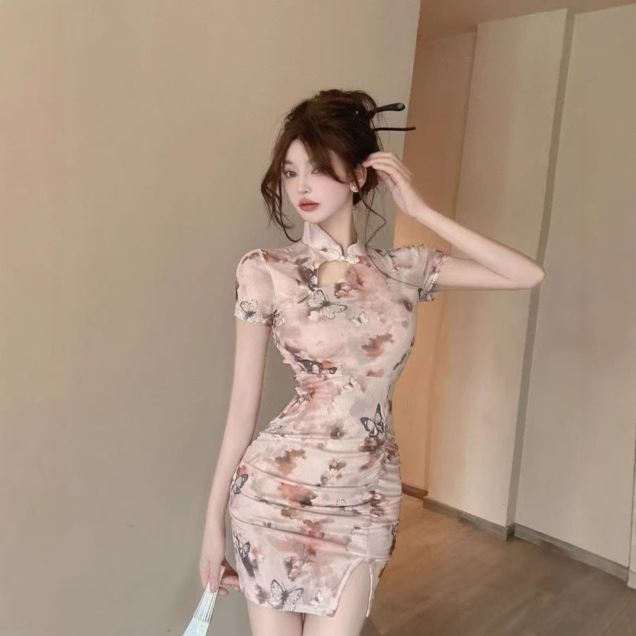 New Chinese Retro Printed Waist-controlled Dress