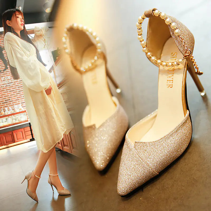 Beaded Pointed Toe High Heels and Sandals