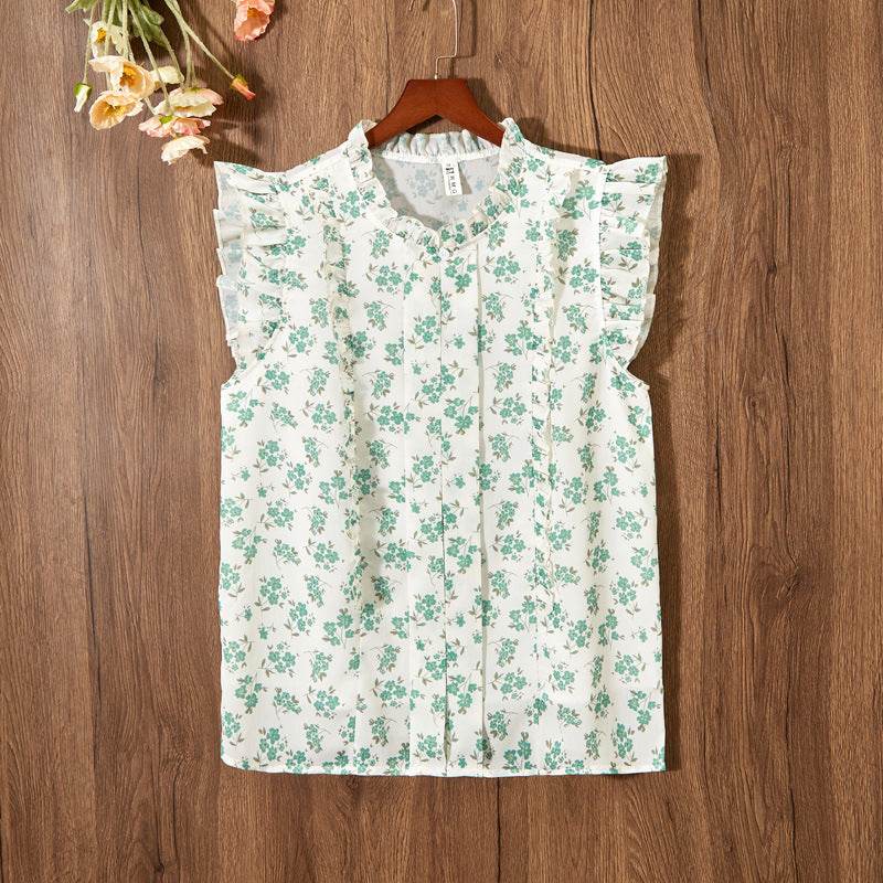 Sleeveless Ruffled Floral Women's Loose Sweet Chiffon Printed Top