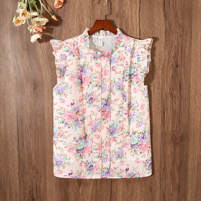 Sleeveless Ruffled Floral Women's Loose Sweet Chiffon Printed Top