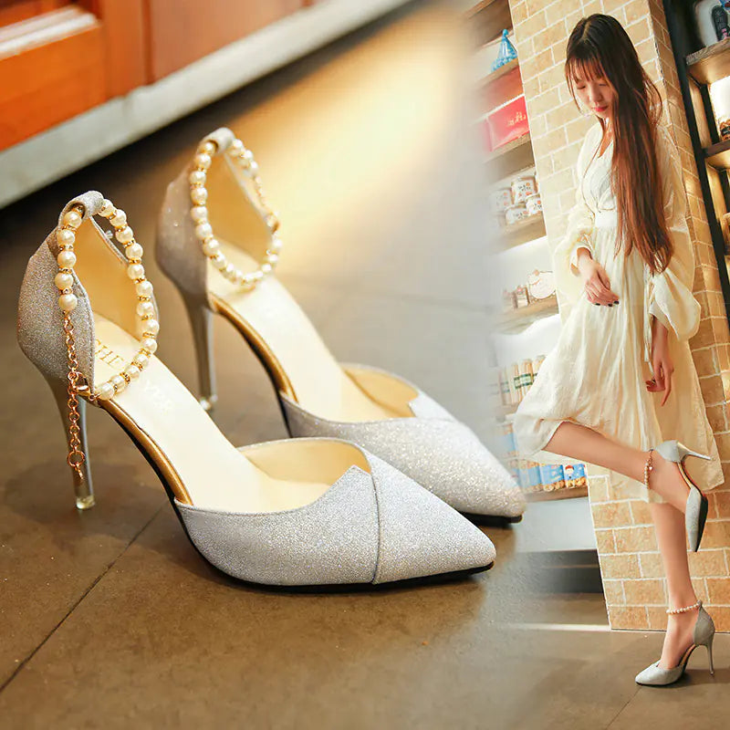 Beaded Pointed Toe High Heels and Sandals
