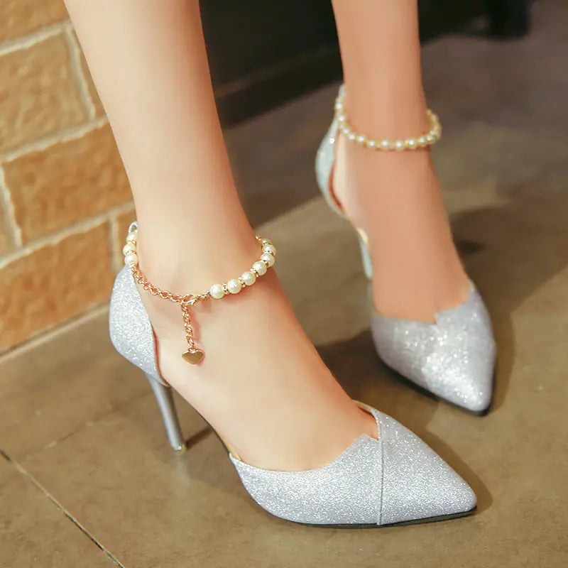 Beaded Pointed Toe High Heels and Sandals